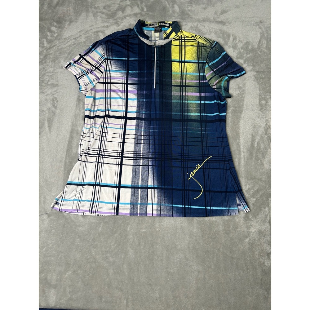 Jamie Sadock Womens Golf Top Blue Yellow Plaid Quarter Zip Short Sleeve Size M